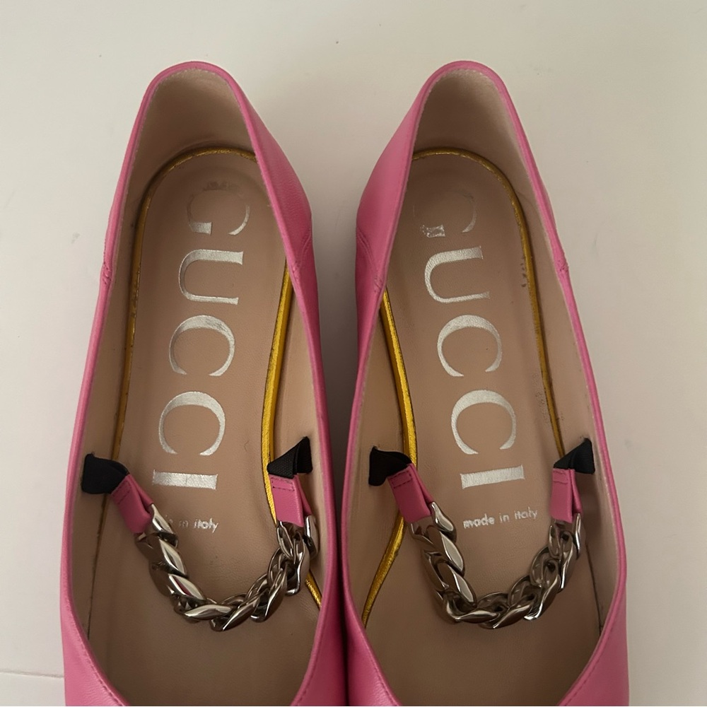 Gucci Nappa Lumiere Pink Leather Point Toe Horsebit Silver Chain Ballet Flats 36 - Picture 6 of 10